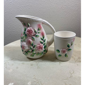 Vintage Small Pitcher w/ pink rose design and matching cup